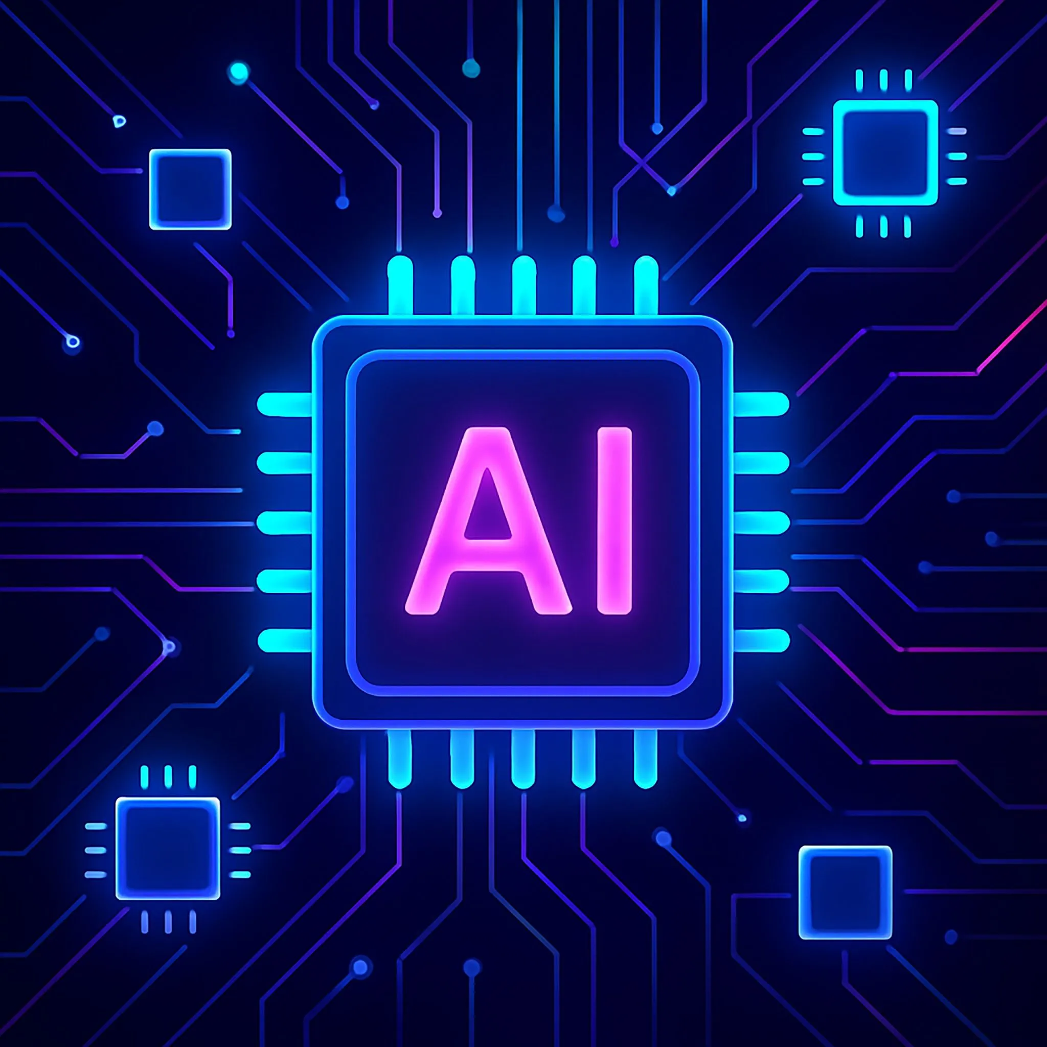 A glowing AI chip surrounded by circuit lines, representing smart automations