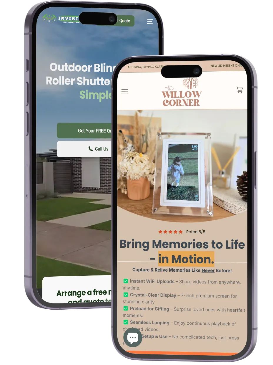 Two phones showing websites designed by Ripple & Rise, one for an outdoor blinds and shutters business and one for a gift shop